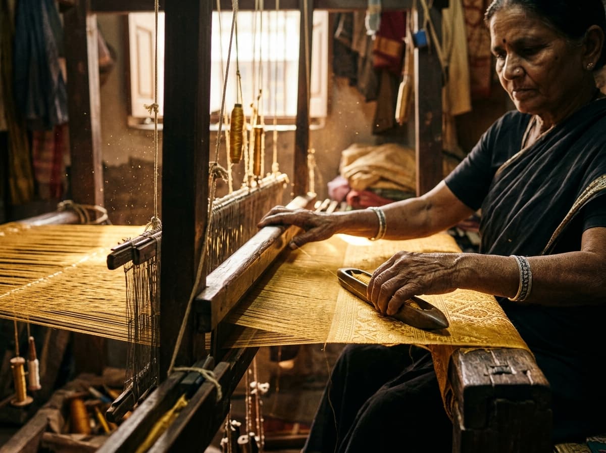Master artisan weaving at handloom